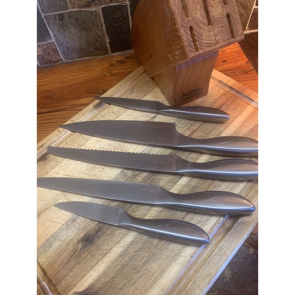 Stainless Steel One Piece Nu-Wave Kichen Knife Set Of 5 With Block - Picture 4 of 15